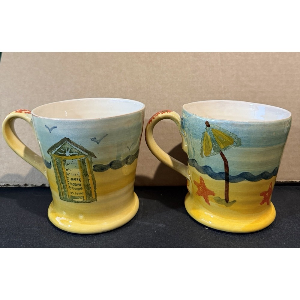 Set of 2 Hand-Painted Ceramic Mugs with Beach Design Made in Italy